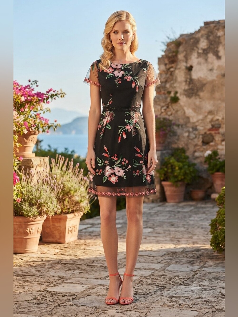 Adrianna Papell Black Floral-Embroidered Mini Dress